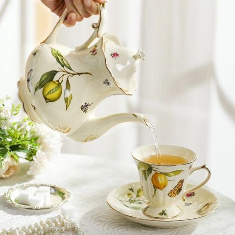 Vintage French Ceramic Coffee Cup And Saucer Gold Rim Floral Lemon Butterfly Pattern Afternoon Tea Teapot