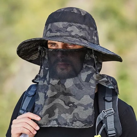 Camouflage Outdoor Sonnenhut Atmungsaktives Polyester Mesh Anglerhut Mit Gesichtsmaske Nackenschutz Vollschutz Herren