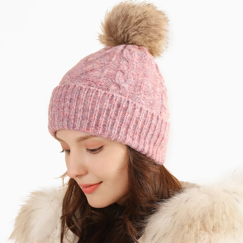 Winter Cable Knit Beanie Hat With Detachable Faux Fur Pom-Pom Warm Ribbed Acrylic Polyester Skull Cap For Women