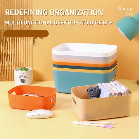 Desktop Storage Basket Plastic Rectangle Organizer Box With Handles For Cosmetics Stationery Office Home Kitchen Simple