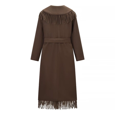 Manteau Long Pour Femme Style Laine Avec Franges Revers Ceinture Style Britannique Automne Hiver