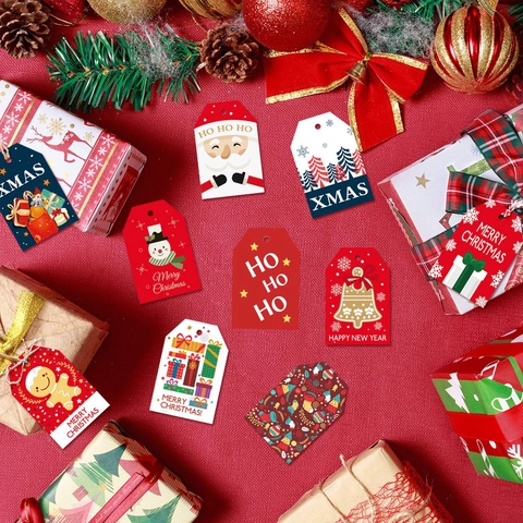 Christmas Gift Tags Paper Labels Cartoon Santa Snowman Designs With Hemp Rope Twine Xmas Holiday Party Favor Tree Decorations