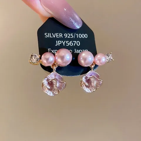 Elegante Roze Kunstparel Bloem Hangoorbellen Met Rijststeentjes En 925 Sterling Zilveren Oorsteker Voor Dames