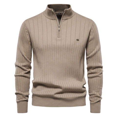 Suéter de Punto Casual de Media Cremallera para Hombre Cuello Alzado Pullover Acanalado Manga Larga Mezcla Algodón Moda Urbana