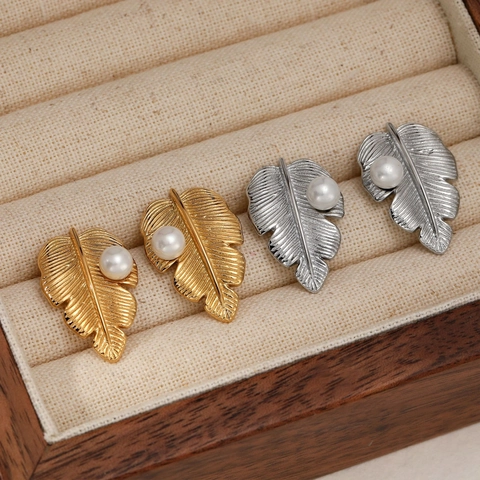 Eleganti Orecchini A Lobo A Foglia In Acciaio Inossidabile 304 Con Perla Artificial Placcati Oro Gioielli Per Donna