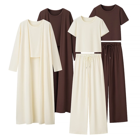 Women Loungewear Long Cardigan Short Sleeve T-Shirt And Drawstring Wide Leg Pants Solid Color Knitted Polyester