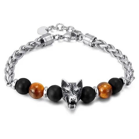 Pulsera Cabeza De Lobo Para Hombre Acero Inoxidable Cadena Trenzada Ojo De Tigre Cuentas Negras Joyería Punk