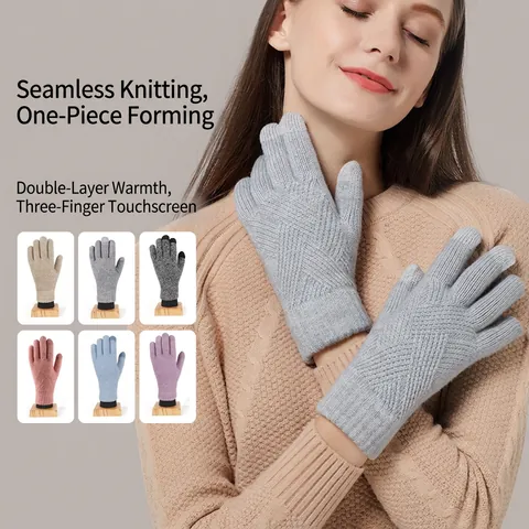 Guantes de Punto de Invierno para Mujer Hombre Doble Capa Forro de Felpa Grueso Cálido Pantalla Táctil Ciclismo Patrón de Diamante