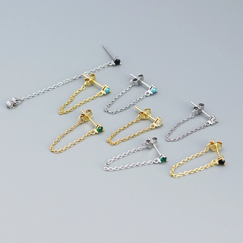 925 Sterling Silver Chain Stud Earrings With Zircon Tassel Drop French Minimalist Jewelry For Women