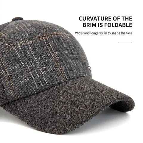 Plaid Tweed Baseball Cap Mit Ohrenklappen Warm Winddicht Winter Wollmischung Schirmmütze Verstellbar Unisex