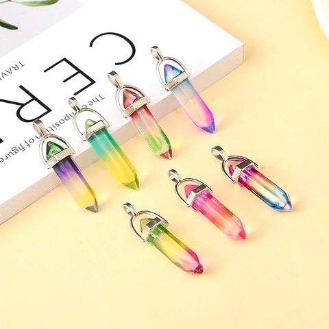 Hexagonal Column Gradient Glass Pendant Necklace With Alloy Clasp Rainbow Colorful Transparent Simple Fashion Jewelry