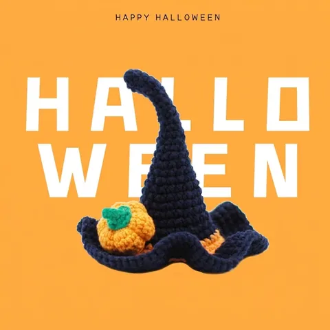 Cappello Da Strega Di Halloween Per Animali Domestici Filato Uncinetto Fatto A Mano Con Zucca Fibbia Regolabile