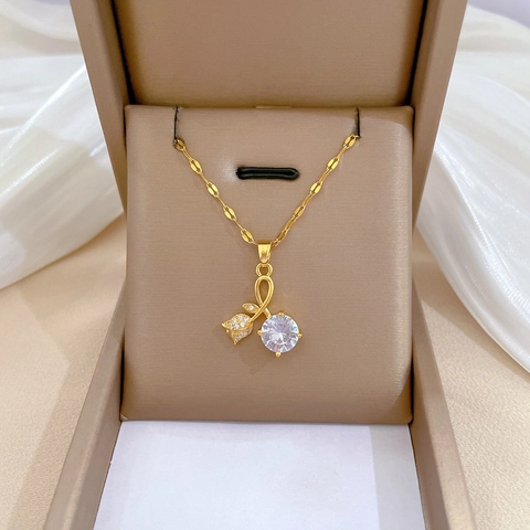 Rose Flower Pendant Necklace Titanium Steel Chain Copper Micro Inlaid Zircon Elegant Jewelry For Women Gold Color