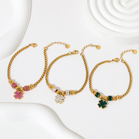 Lucky Clover Bracelet Stainless Steel Rhinestone Inlaid Box Chain Elegant Sweet Adjustable Jewelry For Women