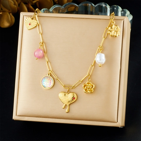 Collar Con Múltiples Dijes Acero Inoxidable Chapado En Oro Corazón Flor Perla Artificial Cuentas Joyería De Moda Para Mujeres