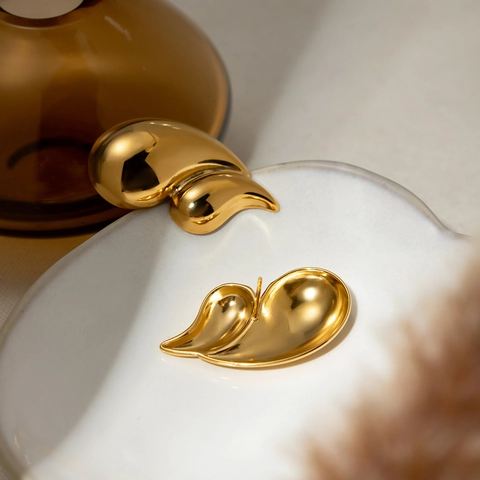 Minimalist Water Drop And Ribbed Stainless Steel Earrings For Women 18K Gold Plated Double Layer Polished Geometric