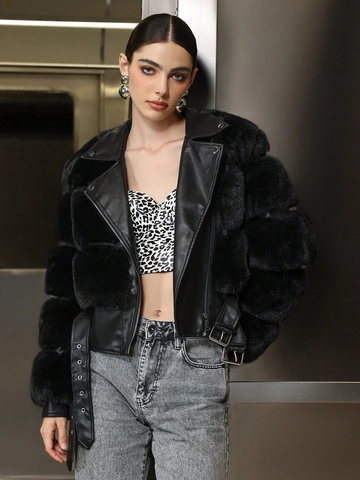 Chaqueta Biker Mujer Pelo Sintético Negro Retazos Cuero PU Abrigo Corto Cálido Invierno Streetwear Solapa Cremallera Cinturón