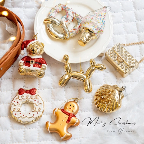 Christmas Tree Hanging Ornaments Creative Golden Plastic Glitter Bear Gingerbread Man Balloon Dog Wreath Holiday Party