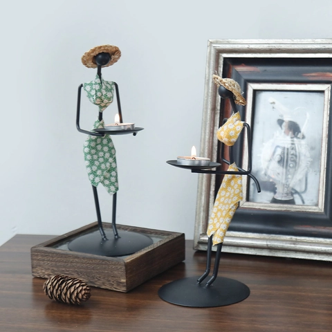 African Figure Iron Candle Holder Silhouette With Floral Fabric Dress And Straw Hat Desktop Decorative Ethnic Style Tea Light Tray