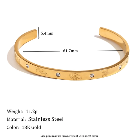 Bracciale Rigido Aperto In Acciaio Inossidabile Placcato Oro 18K Motivo Oceano Stella Marina Luna Strass Gioielli Donna