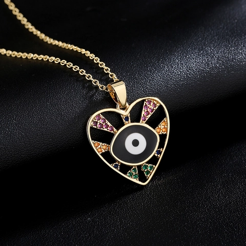 Boze Oog Hart Hanger Ketting Koper Kleurrijke Zirkonia Emaille Gelukssieraden Voor Dames Ins Stijl