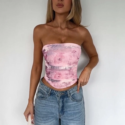 Women Abstract Marble Tie Dye Print Tube Top Ruched Slim Fit Strapless Crop Top Elastic Polyester Spandex Fashion