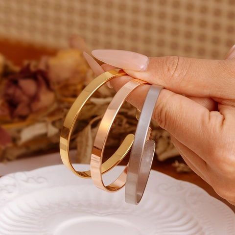 Minimalist C Shaped Open Cuff Bangle 316 Stainless Steel 18K Gold Plated Mirror Polished Retro Simple Jewelry Women