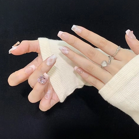 Pink White Plaid Press On Nails Bowknot Rhinestone Heart French Style Detachable Long Square Fake Nails Women