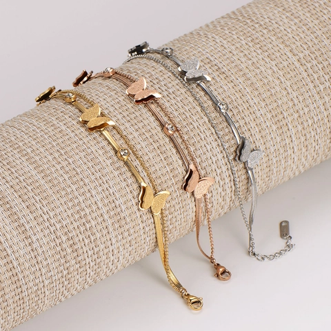 Butterfly Pendant Bracelet Stainless Steel Double Layer Snake Bead Chain Adjustable Elegant Jewelry For Women