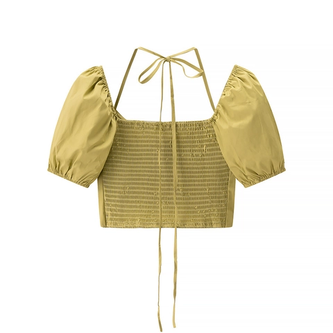 Top Crop da Donna Sexy Slim Fit All'americana Giallo Senape Maniche a Sbuffo Schiena a Punto Smock con Lacci Estate