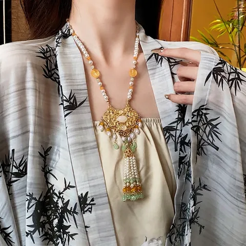 Collar Vintage Estilo Chino Imitación Perla Artificial Cuentas De Vidrio Aleación Colgante Cerradura Pingan Borla Larga Satén Mujeres