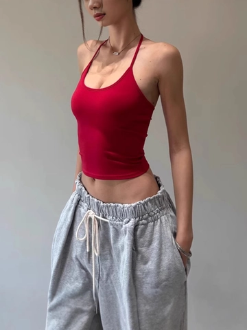 Women Halter Neck Tank Top Backless Slim Fit Crop Cami Solid Color Sporty Casual Sleeveless Soft Knit Summer