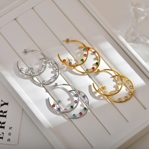 Hoop Earrings Copper Cubic Zirconia Colorful Micro Inlaid C Shaped Large Geometric Bohemian Fashion Jewelry For Women