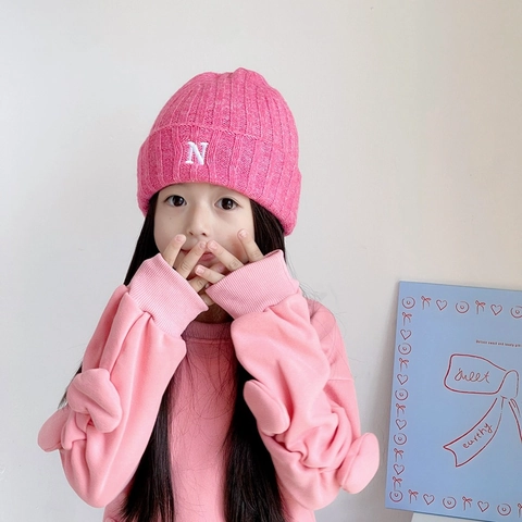 Gorro De Punto Para Niños Mezcla De Lana Bordado Letra N Con Dobladillo Invierno Cálido Grueso Gorra Para Niños Niñas