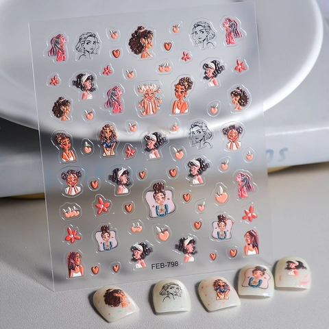 Stereoscopic Embossed Nail Art Stickers Cartoon Girl Portraits Heart Flower Self Adhesive Waterproof Thin Manicure Decals