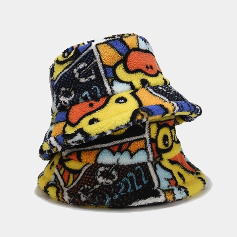 Cappello Alla Pescatora Invernale Lana Agnello Sherpa Fleece Caldo Cartoon Graffiti Stile Fumetto Moda Per Donna Uomo