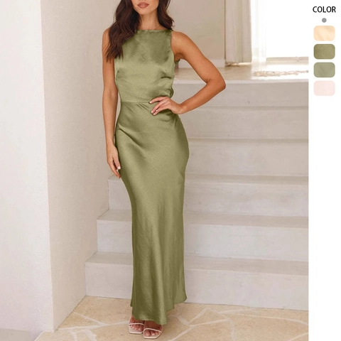 Vestido Largo De Satén Para Mujer Espalda Descubierta Sin Mangas Color Sólido Elegante Sexy Ajustado Fiesta Sirena