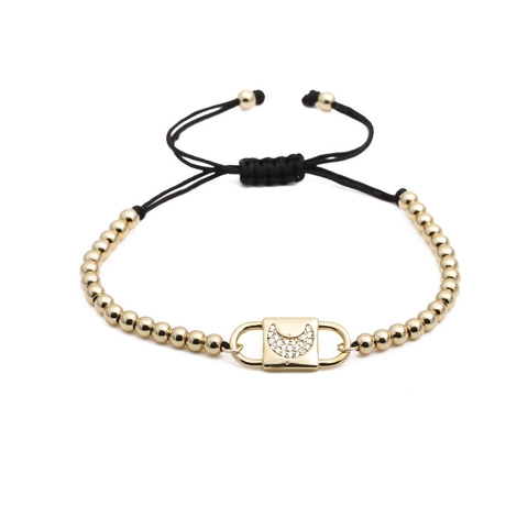 Zircon Moon Copper Bead Bracelet Black Wax Rope Adjustable Micro Pave Square Plate Jewelry For Women Men
