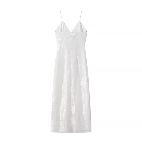 Vestido Largo Sexy Con Lentejuelas Blancas Espalda Descubierta Cuello En V Abertura Fiesta Elegante Vestido Brillante