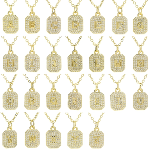 18K Gold Plated Copper Initial Letter Pendant Necklace For Women Pave Zirconia Alphabet Rectangular Card Necklace Jewelry