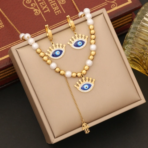 Edelstahl Böser Blick Halskette Armband Ohrringe Mit Imitationsperle Krone Hand Der Fatima Anhänger Schmuck Für Damen Boho