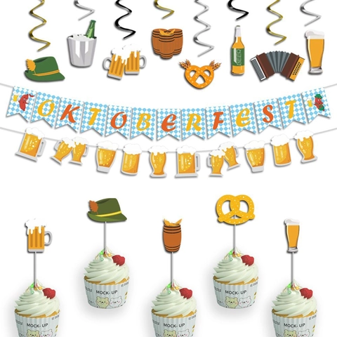 Decorazioni Festa Oktoberfest Striscione Spirali Topper Cupcake Festival Birra Bavarese Scacchi Blu Bianco Carta Plastica