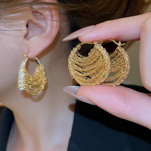 18K Gold Plated Multi Layer Chain Hoop Earrings With Zircon 925 Sterling Silver Earring Post Palace Style For Women