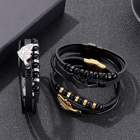 Bracciale In Pelle Intrecciata Multistrato Da Uomo Con Pendente A Piuma In Acciaio Inossidabile E Perline Gioielli Punk