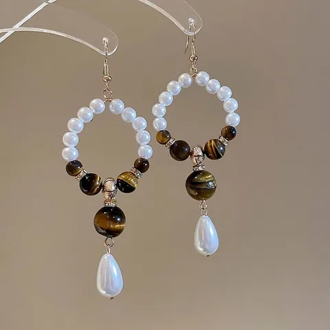 Vintage Drop Earrings With Imitation Artificial Pearl Tiger Eye Stone Beaded Circle Water Drop And Silver Earring Post For Women