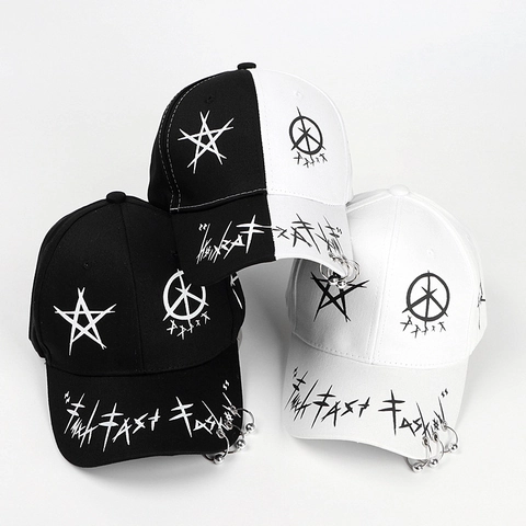 Cappellino Da Baseball Punk Cotone Streetwear Hip Hop Graffiti Stella Stampato Cappello Con Anelli In Metallo Regolabile