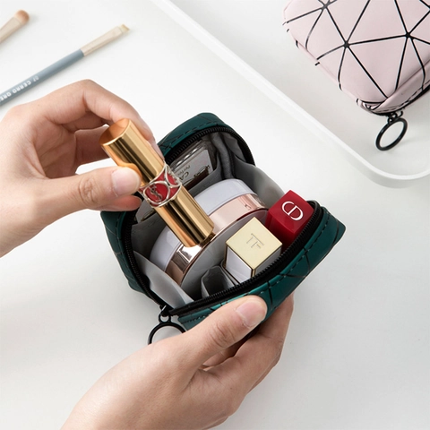 Geometric Triangle Pattern Cosmetic Makeup Bag Waterproof PU Leather Portable Travel Pouch Zip Closure Organizer Women