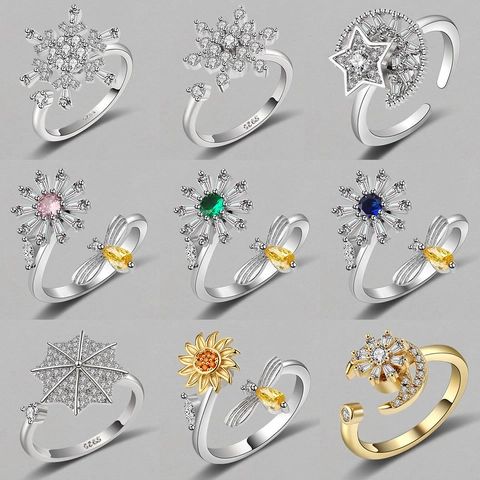 Anillos De Ansiedad Para Mujeres Ajustables Abiertos Giratorios Spinner Anillo Cobre Circonita Girasol Mariposa Copo De Nieve Estrella Luna Joyería De Moda