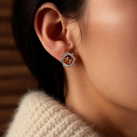 Orecchini A Lobo Girasole Vintage Placcati Oro 18K Rame Ambra Zircone Baguette Con Perno In Argento Retrò Da Donna