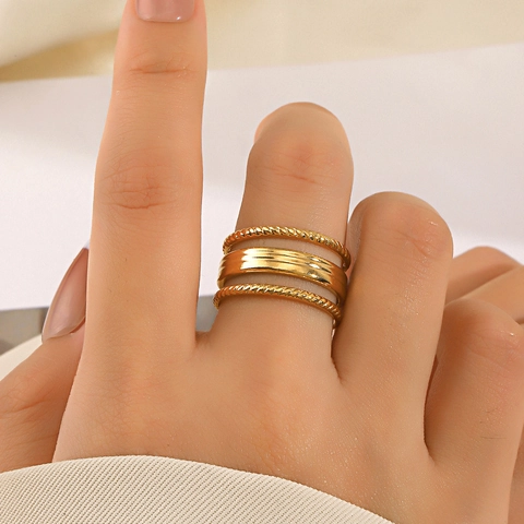 Meerlaagse Lijn Open Ring Roestvrij Staal 18K Verguld Verstelbaar Uitgehold Gedraaid Touw Minimalistische Sieraden Vrouwen